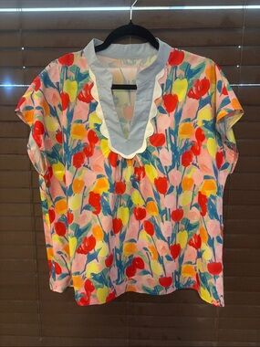 SHEIN Multicolor Floral V-Neck Scallop Trim Blouse
